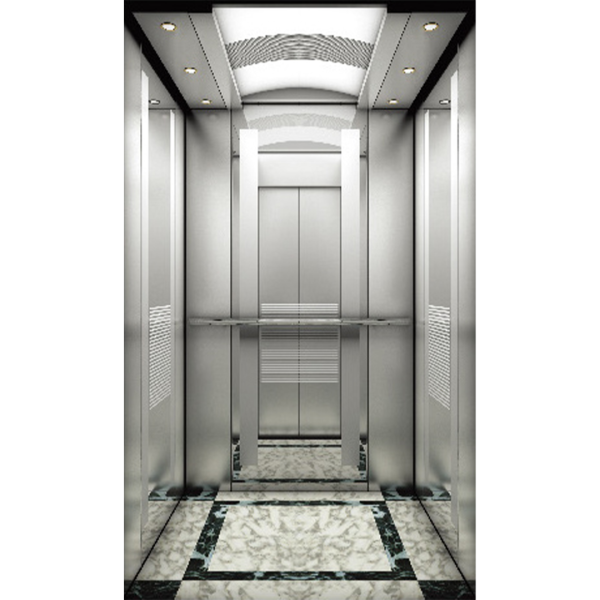 FUJI-HITECH Passenger Elevator - Image Arch Ceiling with Stainless Steel Base Plate and Down Lamp, Etched Mirror Car Wall, Stainless Steel Mono-Tube Handrail, Durable PVC Flooring