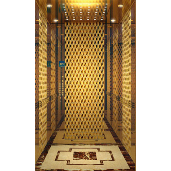 FUJI-HITECH Passenger Elevator - Titanium Gold Mirror Ceiling with Acrylic Lighting and LED, Titanium Gold Mirror and Etched Stainless Steel Car Wall, Triple Stainless Steel Handrail, Marble Parquet Flooring