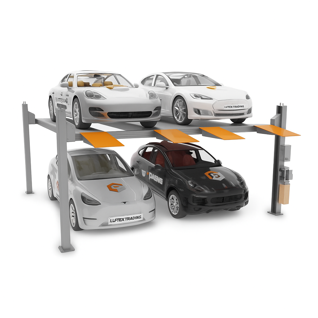 They say more is better than less. Confirmation of this comes with our four-post twin platforms parking lift. FPP-2T, "2 above + 2 below" parking spaces with a capacity of 4 tons together, provides maximum opportunities for parking & storing up to 4 cars. Multiple safety devises ensure reliable and stable operation and the elimination of middle posts makes it a great space-saver. - Double-wide design for 4 vehicles - Dependent parking - 4000kg overall lifting capacity - Ground car height: 1750mm - Hidden single hydraulic cylinder - Increased sheave diameter reduces cable fatigue - Mechanical anti-falling locks allow multiple stopping heights - Low wear, proven hydraulic technology - Position of control panel is adjustable - Protective device against loosening and breaking of steel rope - Surface treatment: powder coating
